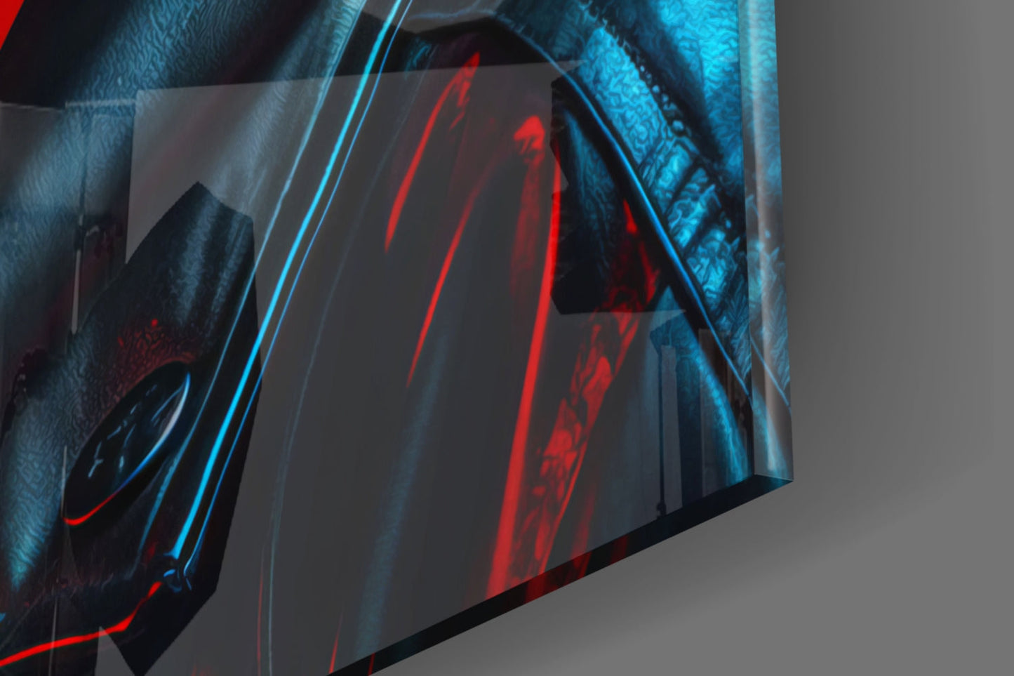 Close-up angled view of glass wall art with red and blue neon lighting effects and textured surface details.