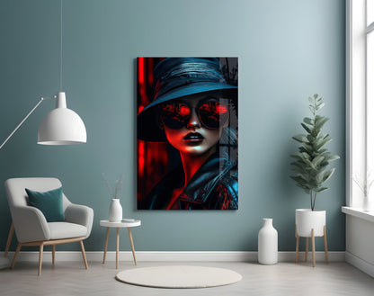 Modern living room interior displaying a red and blue neon portrait of a woman wearing sunglasses and hat on pale blue wall above white chair.