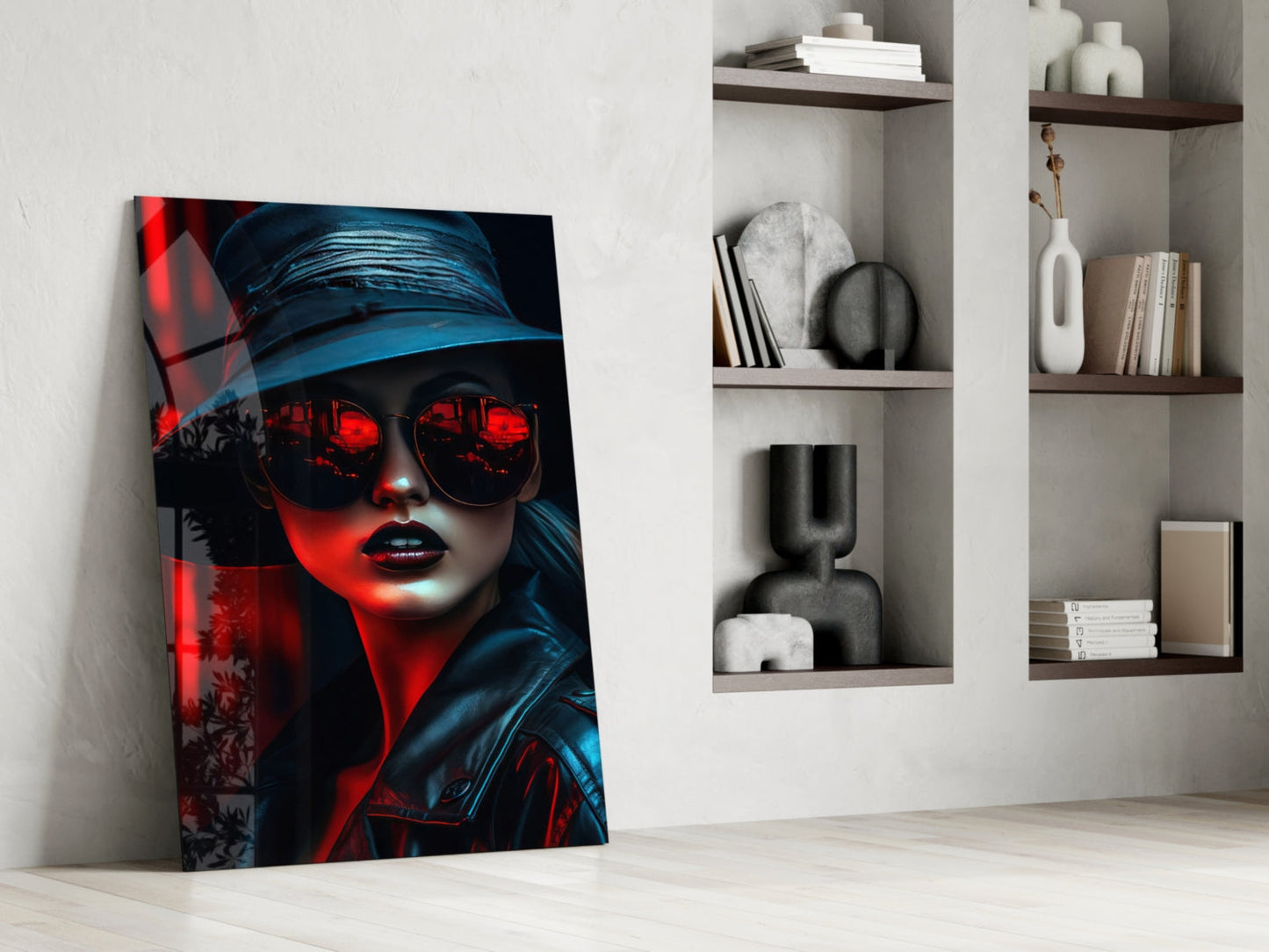 Modern interior scene with red and blue neon-lit portrait glass art leaning against white wall beside shelving unit.