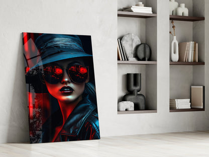 Modern interior scene with red and blue neon-lit portrait glass art leaning against white wall beside shelving unit.