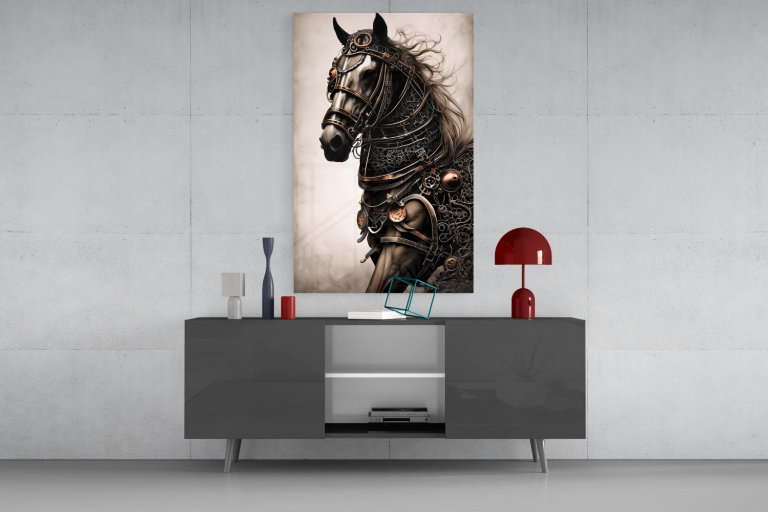 Steampunk horse portrait in ornate armor displayed above gray media console with red decorative lamp and accessories.