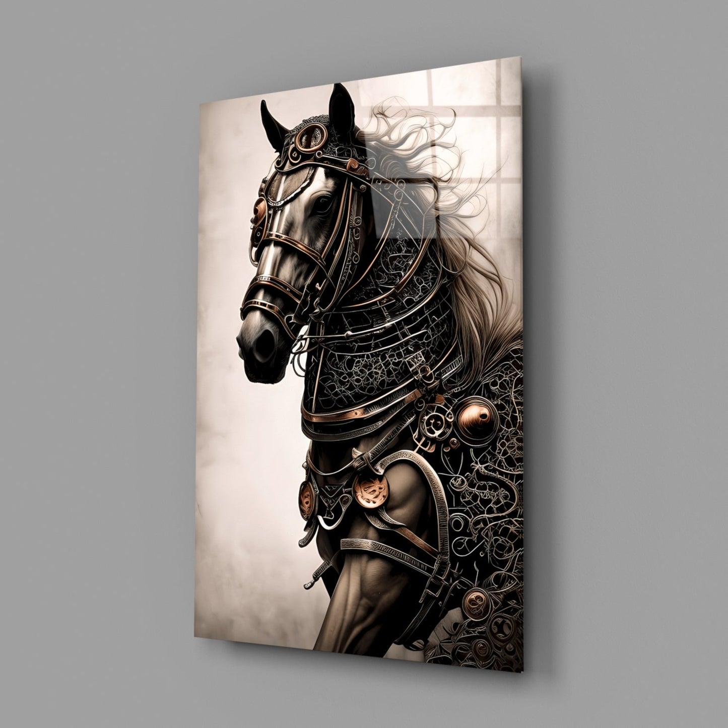 Steampunk horse head in ornate armor and tack displayed on angled glass panel against gray background.