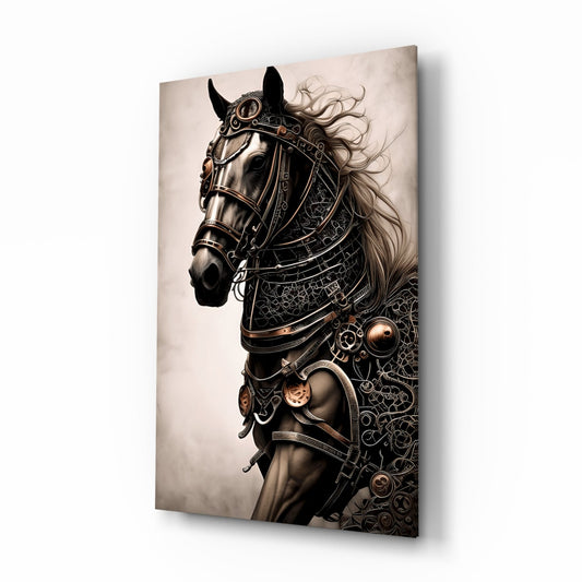 Steampunk-style horse head portrait with ornate brass armor and intricate mechanical details on mounted glass wall art, angled display view.