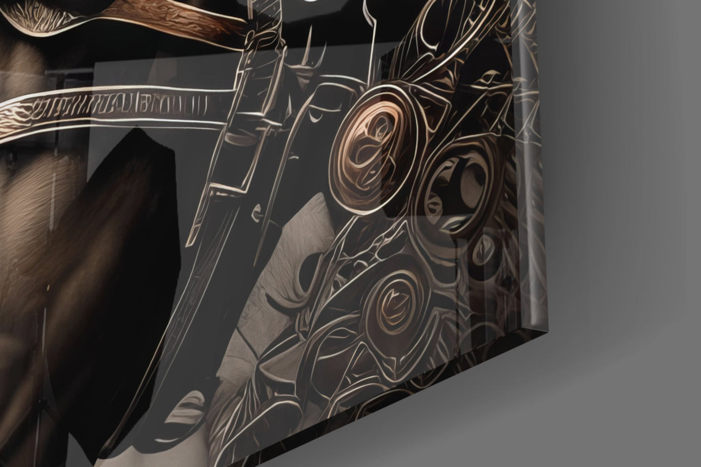 Close-up angled view of ornately engraved bronze and dark glass wall art featuring detailed horse head design with decorative scrollwork.