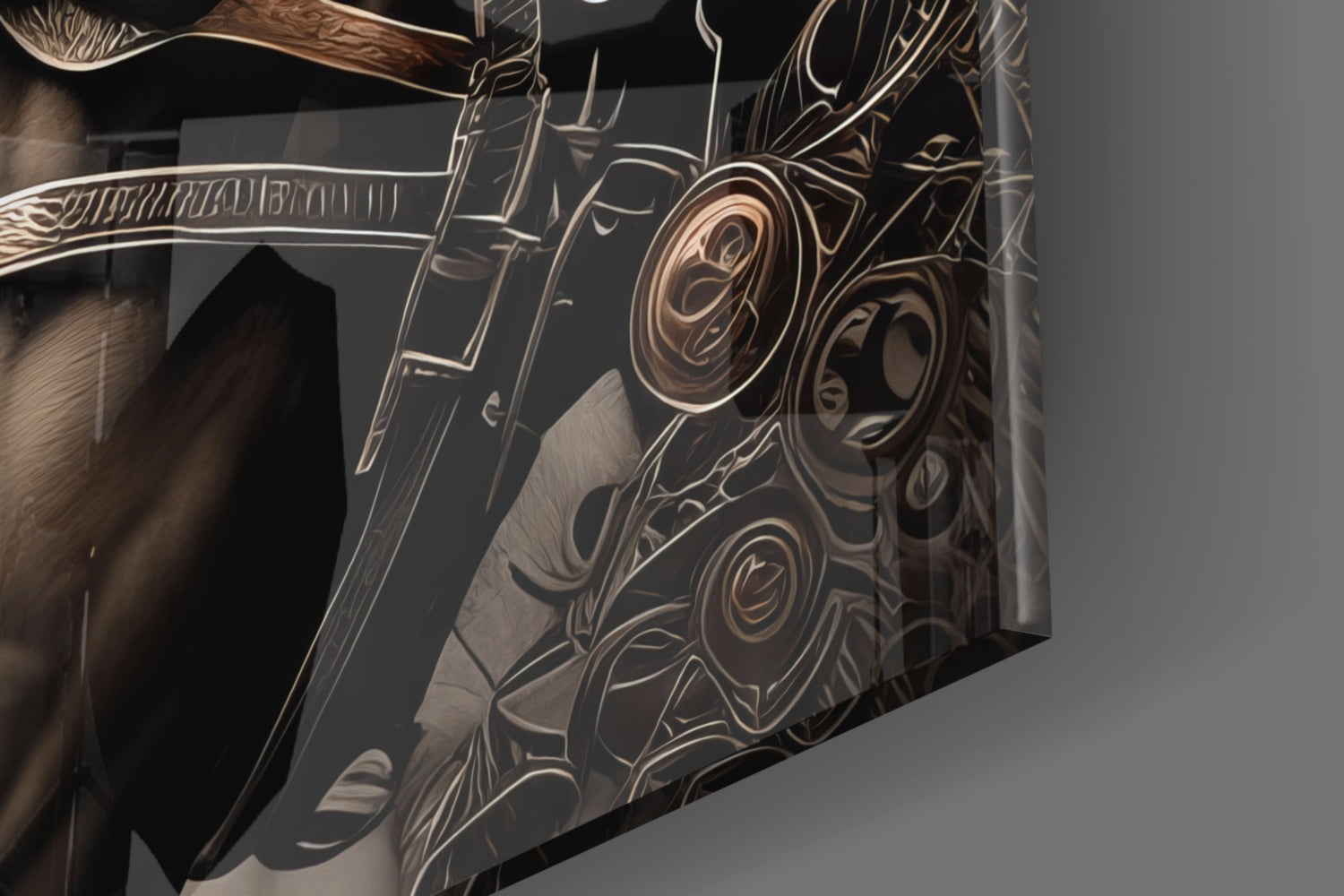 Close-up angled view of ornately engraved bronze and dark glass wall art featuring detailed horse head design with decorative scrollwork.