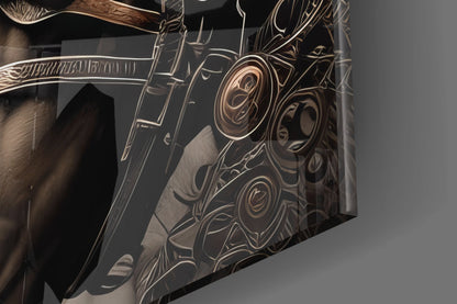Close-up angled view of ornately engraved bronze and dark glass wall art featuring detailed horse head design with decorative scrollwork.