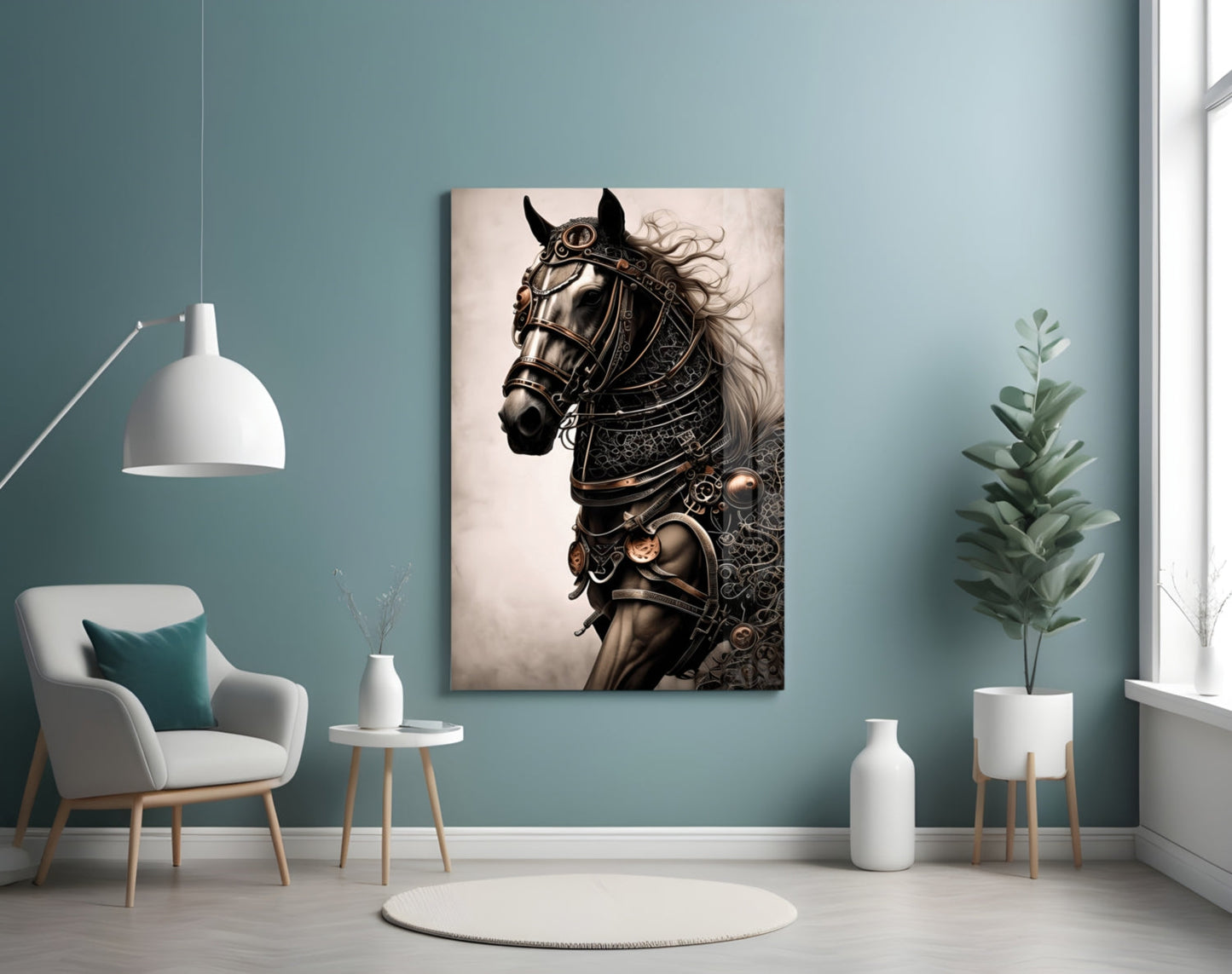 Ornate warrior horse artwork displayed on turquoise wall above white chair in minimalist interior setting.