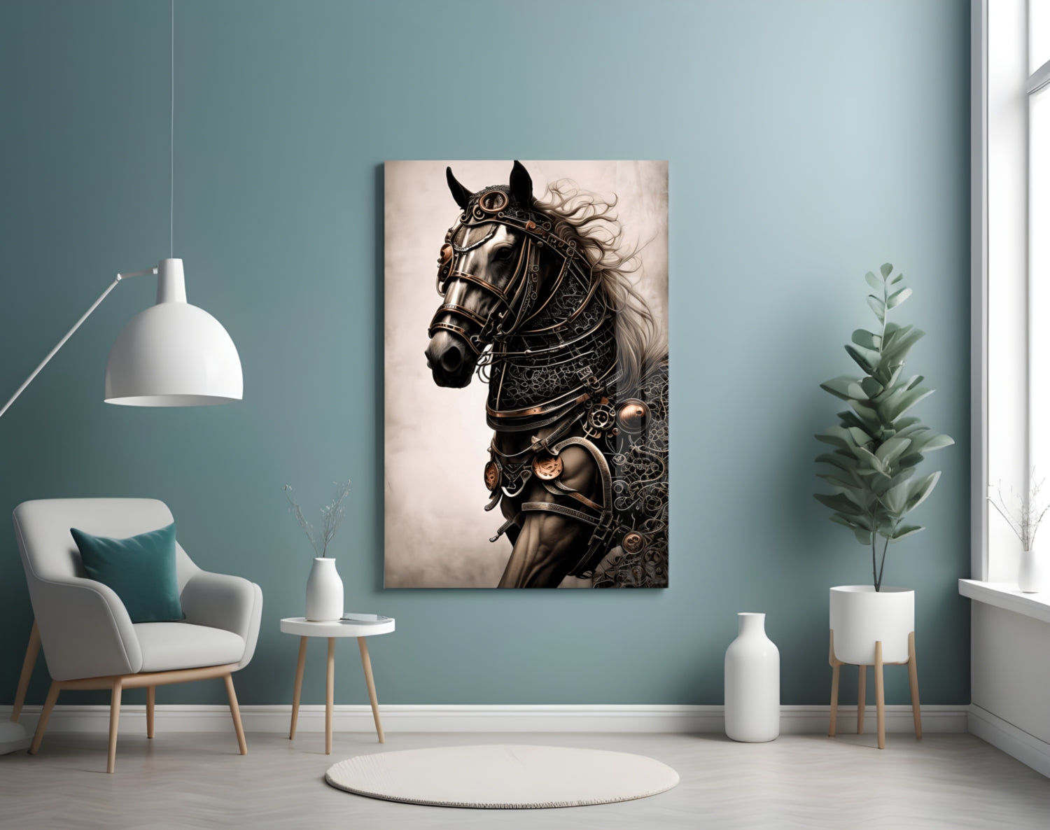 Ornate warrior horse artwork displayed on turquoise wall above white chair in minimalist interior setting.
