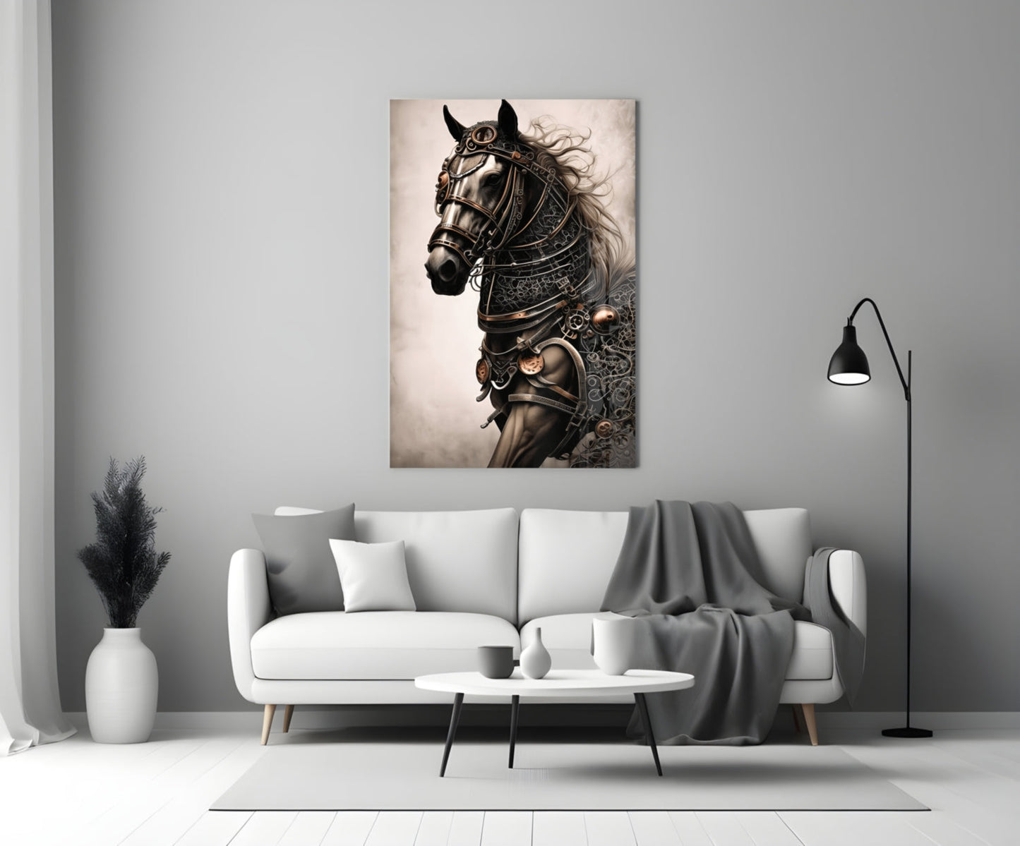 Ornately armored horse in profile with flowing mane displayed on wall above white sofa in modern living room setting.