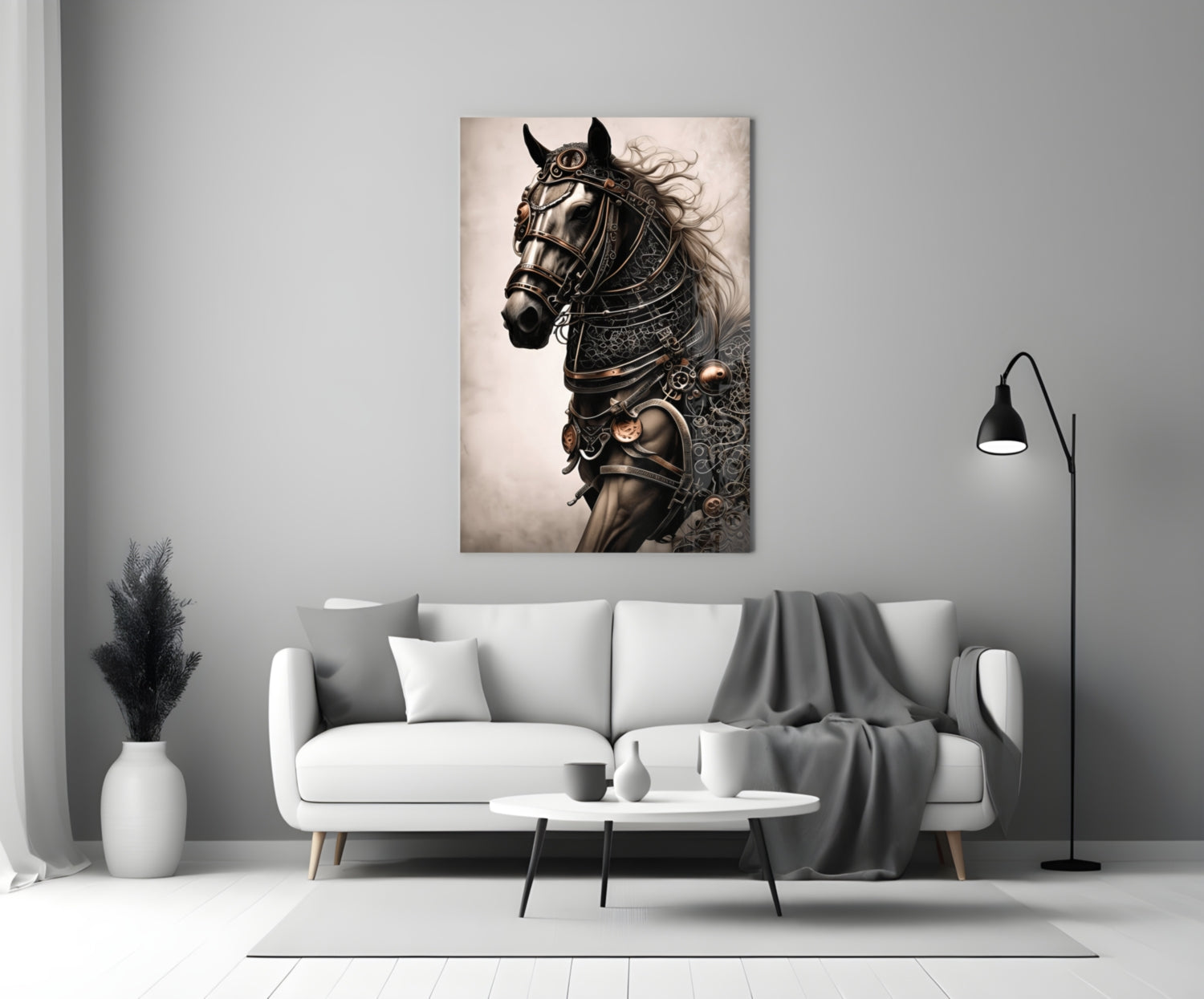 Ornately armored horse in profile with flowing mane displayed on wall above white sofa in modern living room setting.