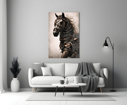 Ornately armored horse in profile with flowing mane displayed on wall above white sofa in modern living room setting.