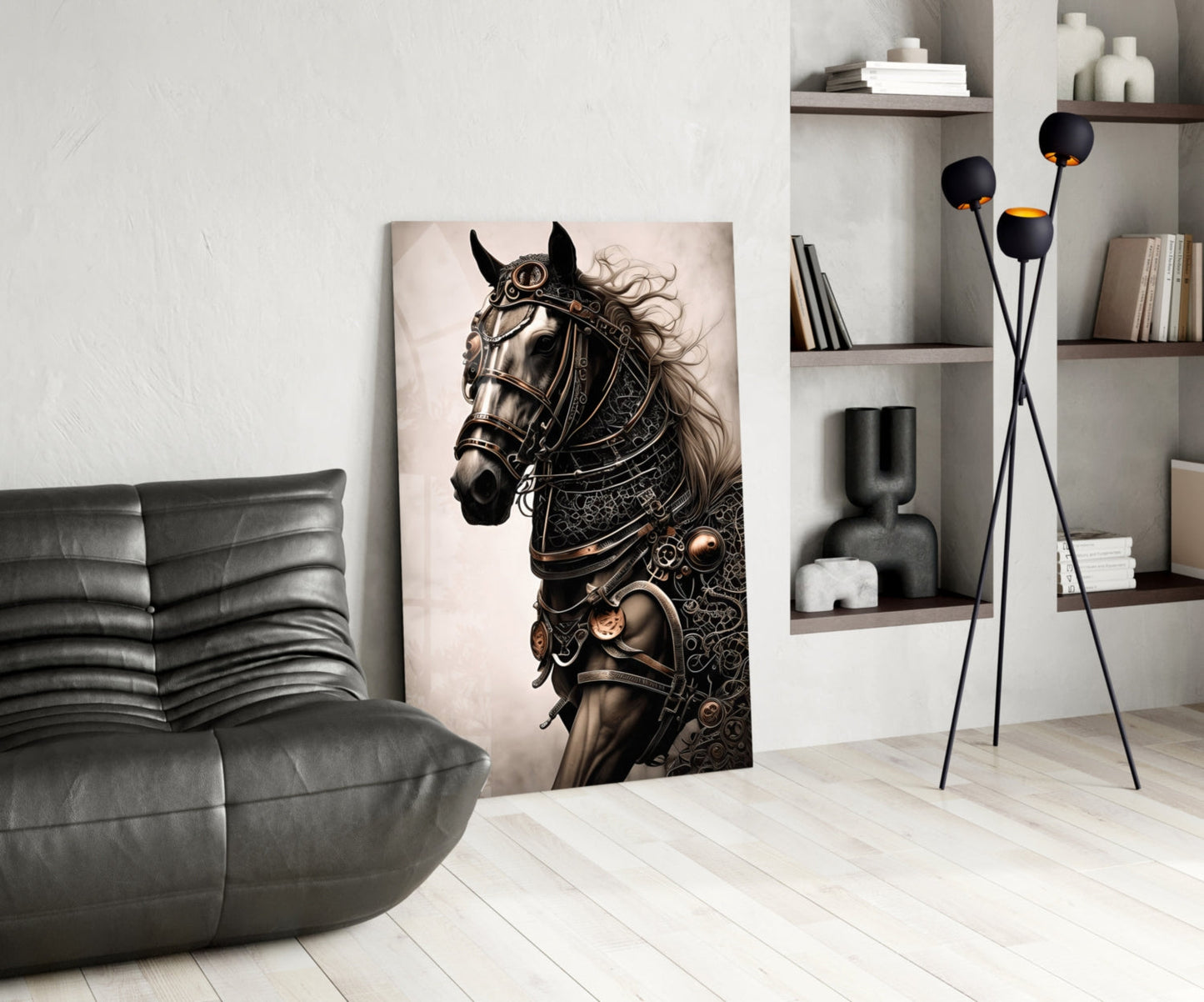 Steampunk horse portrait glass art displayed in modern living room with gray sofa, floor lamp, and wall shelving.