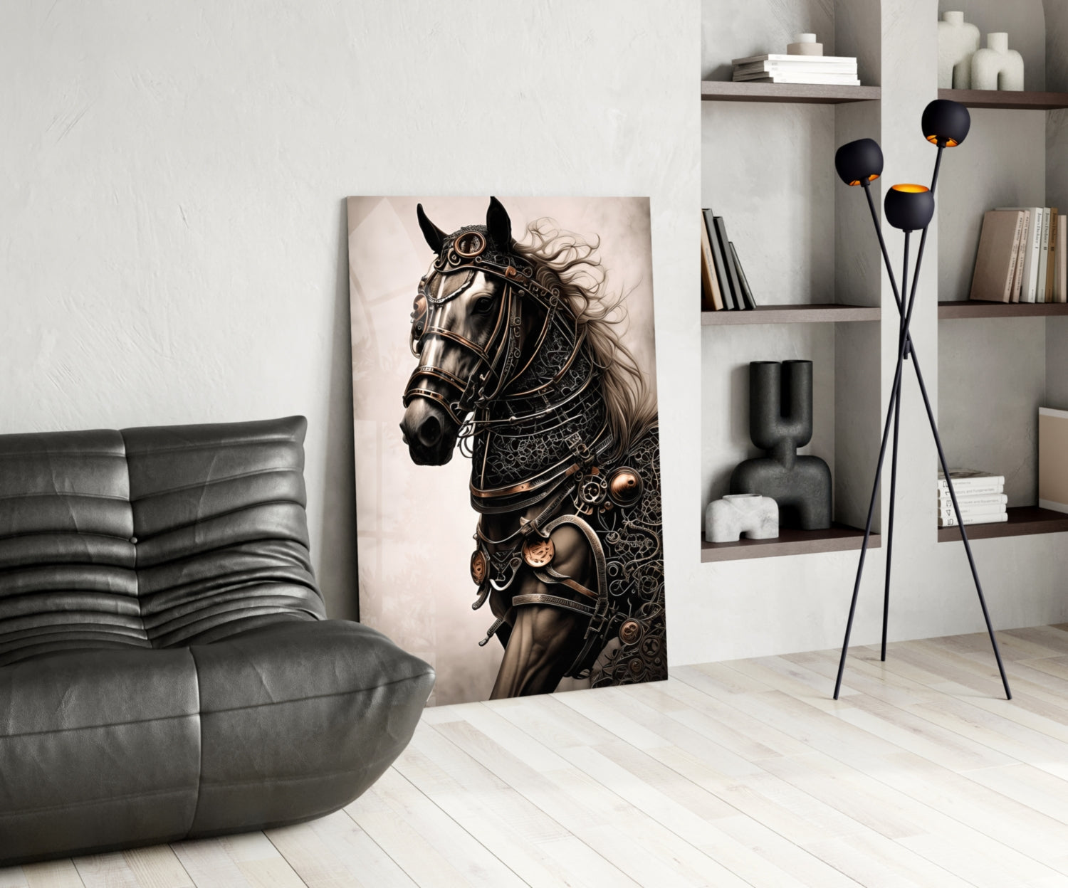 Steampunk horse portrait glass art displayed in modern living room with gray sofa, floor lamp, and wall shelving.
