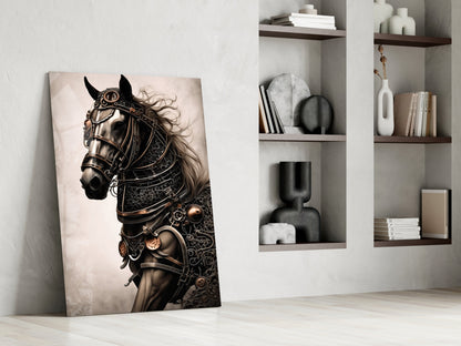 Steampunk horse artwork in sepia tones leaning against white wall beside shelving unit with books and decorative objects.
