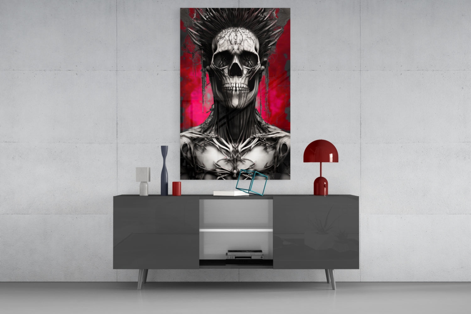 Skull with spiked hair and red background mounted on white wall above gray media console with decorative items.