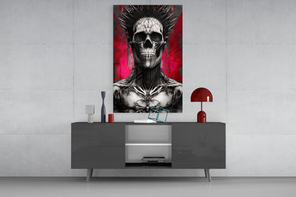 Skull with spiked hair and red background mounted on white wall above gray media console with decorative items.
