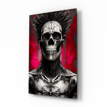 Angled view of glass wall art featuring a skeletal skull with spiky hair against a vibrant red and black background.