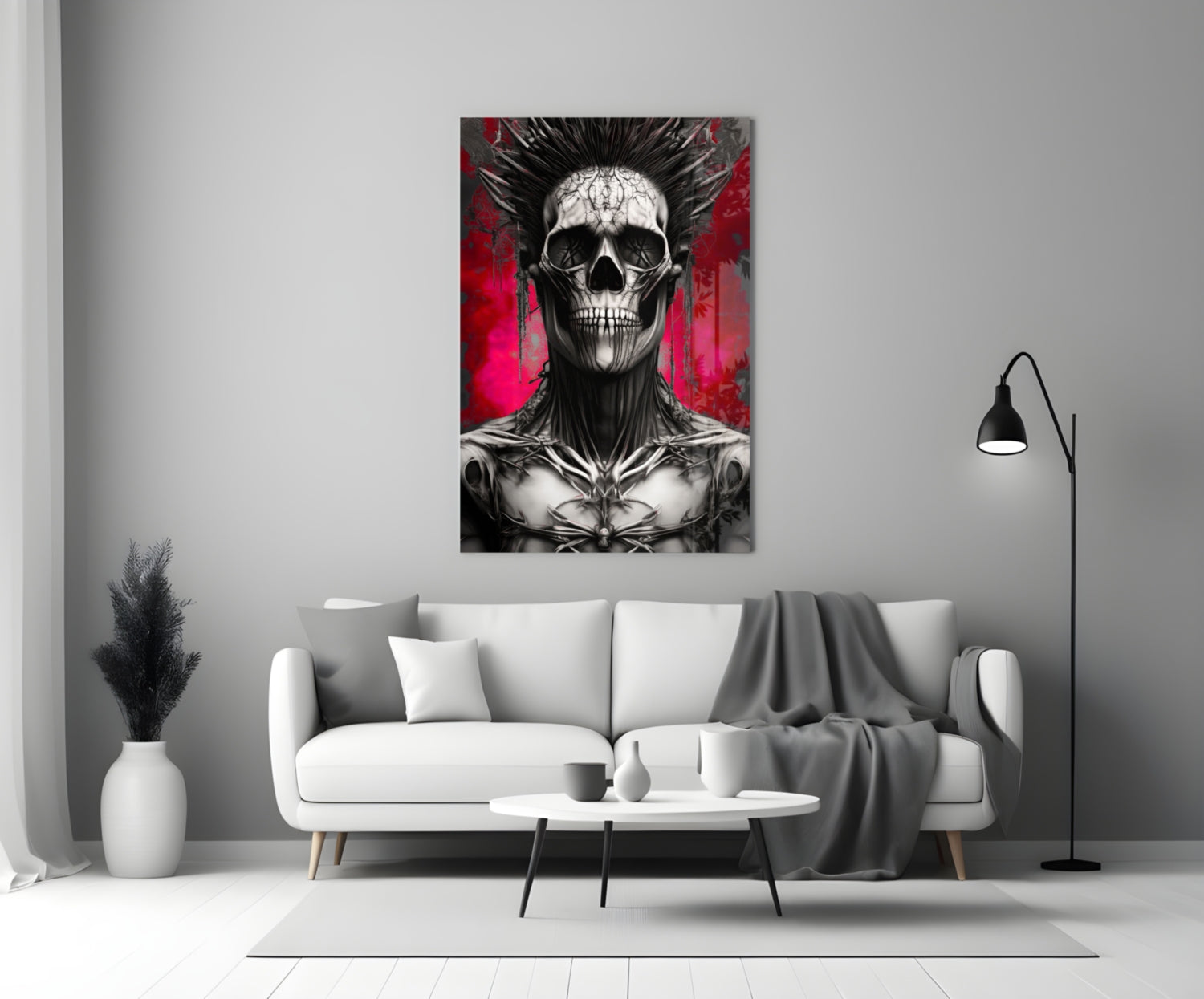 Skull artwork with black spiky hair and red background displayed above white sofa in modern living room.