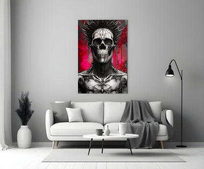 Skull artwork with black spiky hair and red background displayed above white sofa in modern living room.