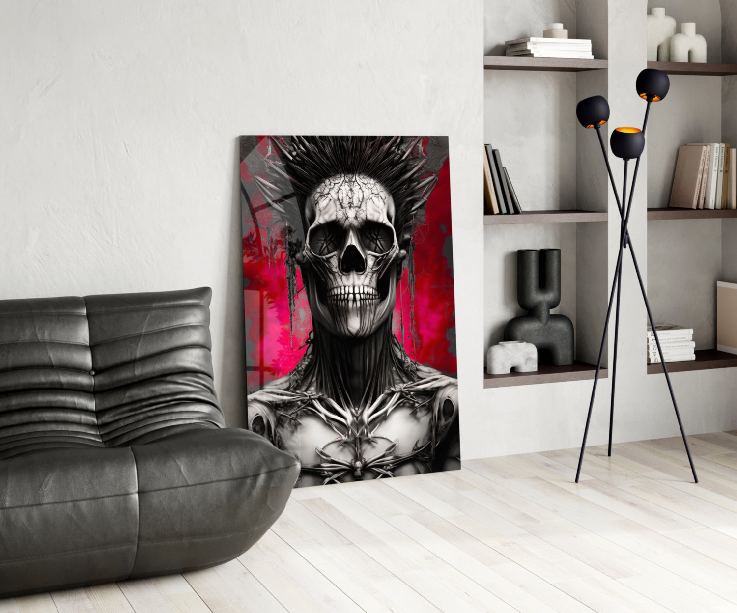 Modern living room featuring a glass wall art panel displaying a monochrome skull with spiky hair against a vibrant red background.