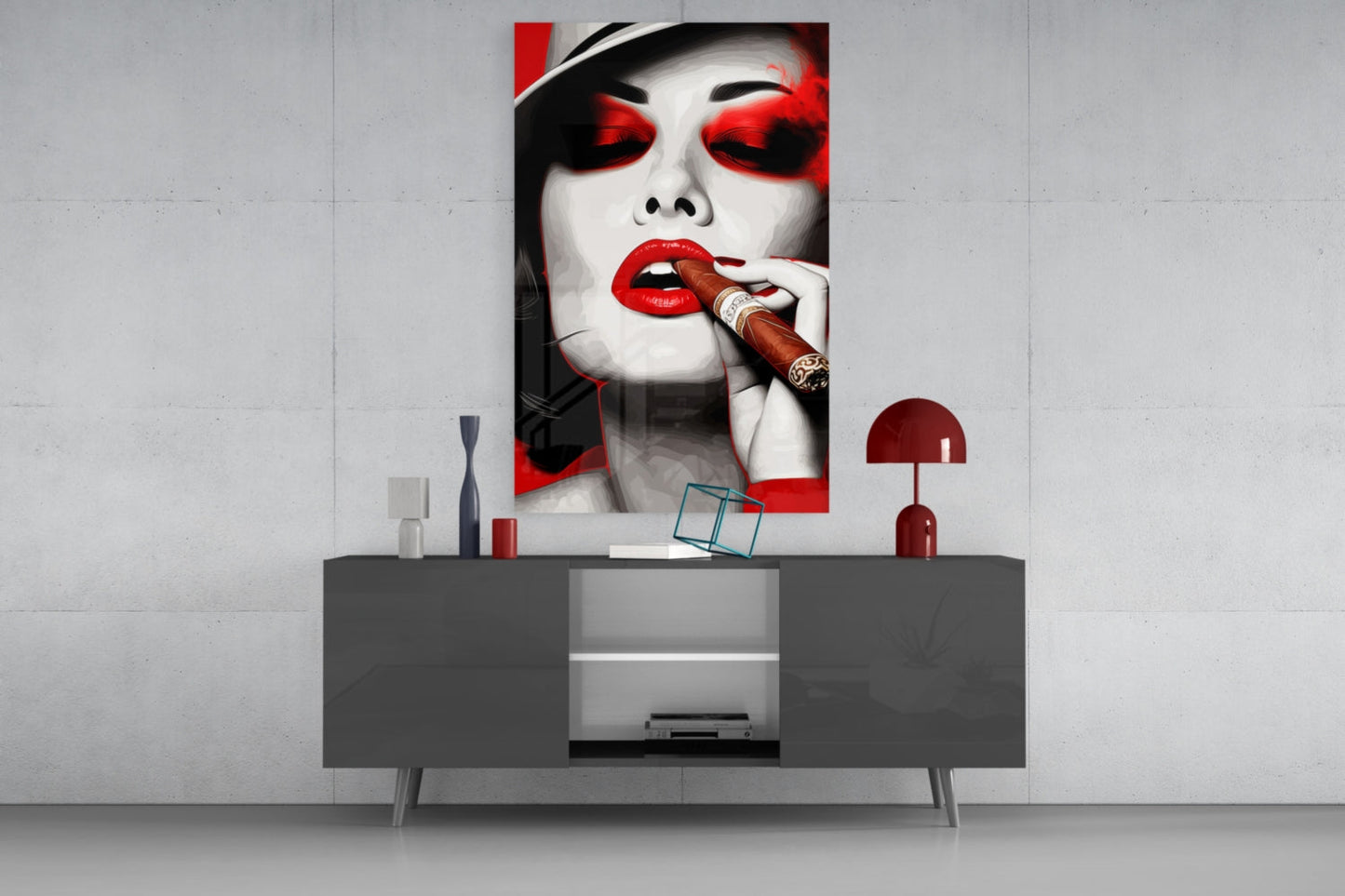 White Hat Red Lips Cigar Lady Glass Wall Art