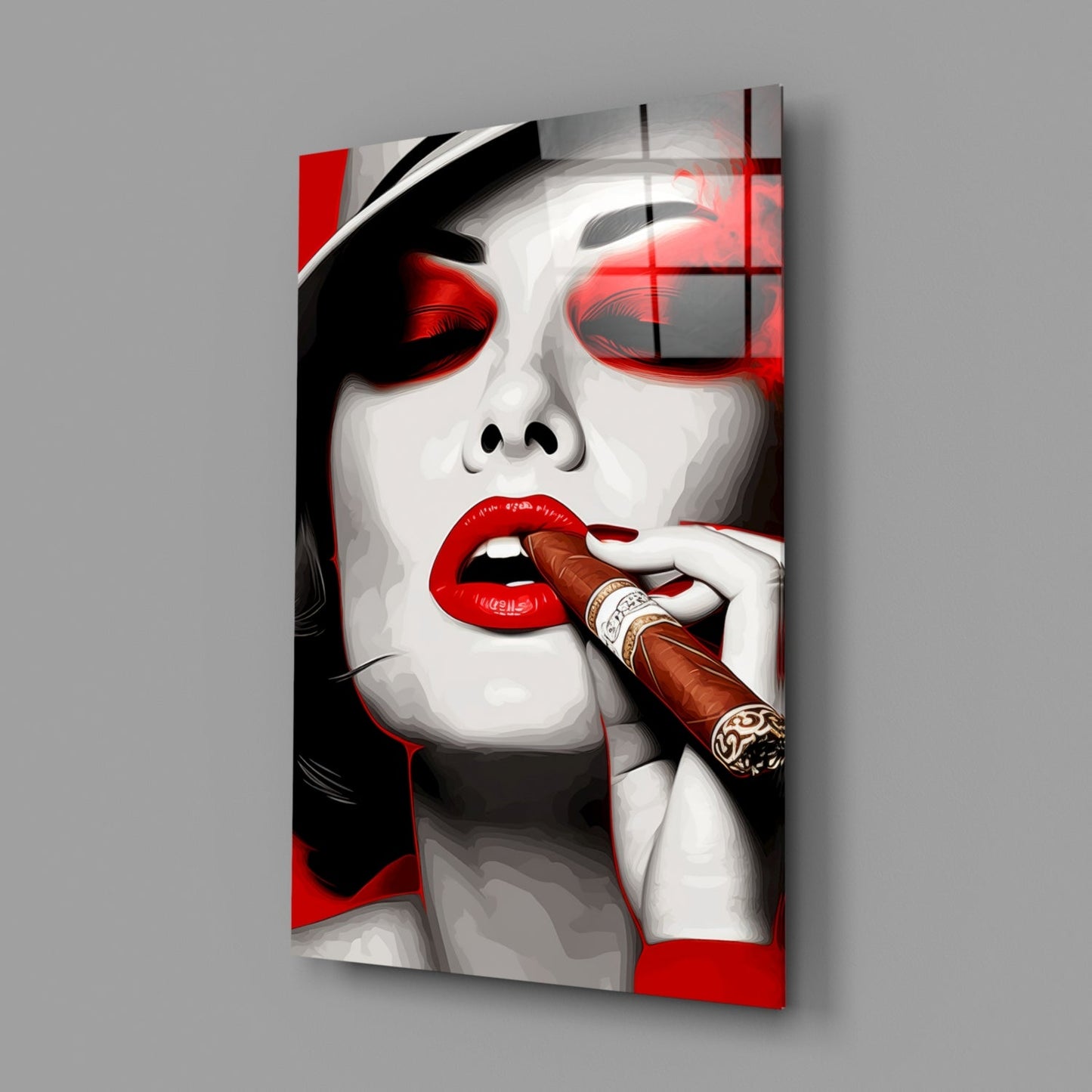White Hat Red Lips Cigar Lady Glass Wall Art