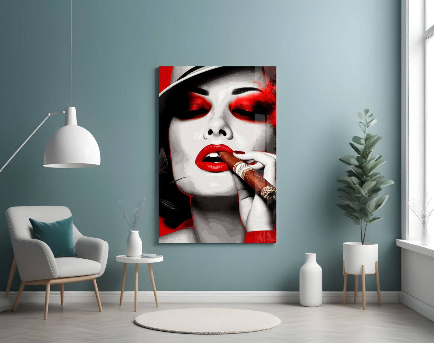 White Hat Red Lips Cigar Lady Glass Wall Art