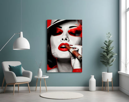 White Hat Red Lips Cigar Lady Glass Wall Art