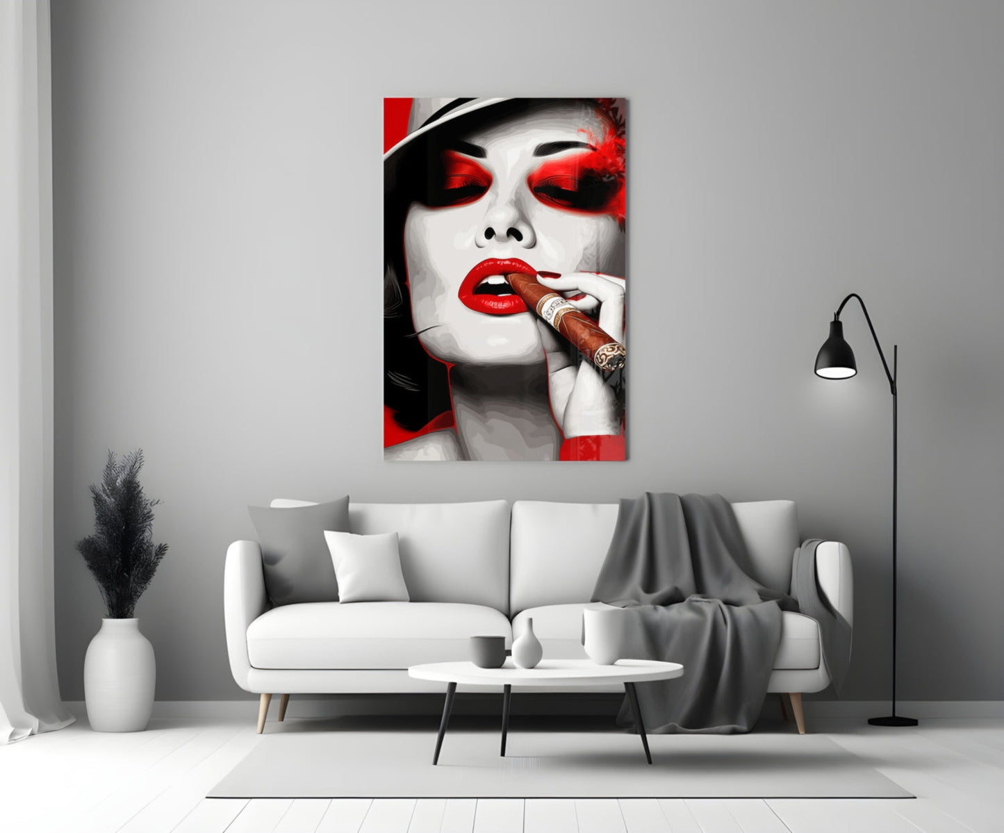 White Hat Red Lips Cigar Lady Glass Wall Art