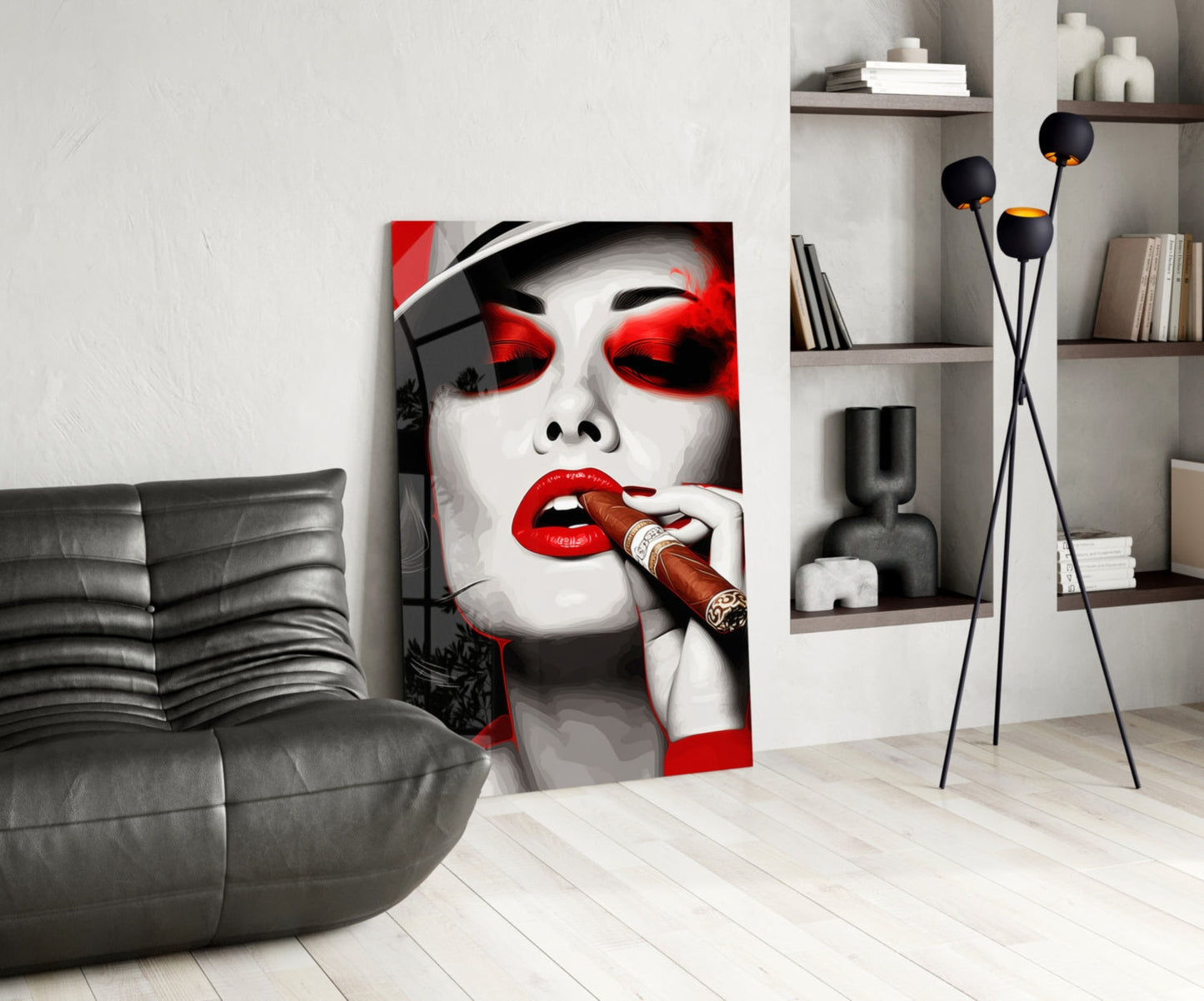 White Hat Red Lips Cigar Lady Glass Wall Art