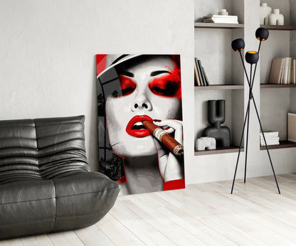 White Hat Red Lips Cigar Lady Glass Wall Art
