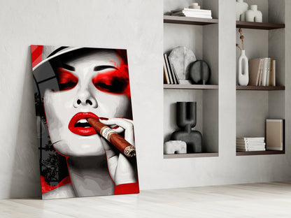 White Hat Red Lips Cigar Lady Glass Wall Art