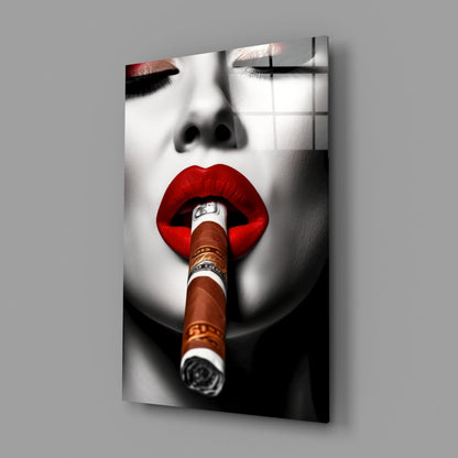 Money Wrapped Cigar Red Lips Glass Wall Art