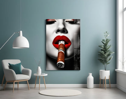 Money Wrapped Cigar Red Lips Glass Wall Art