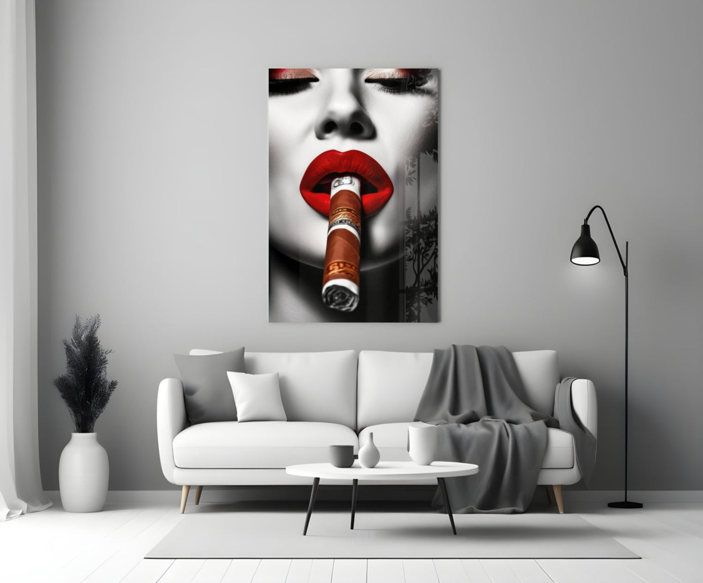 Money Wrapped Cigar Red Lips Glass Wall Art