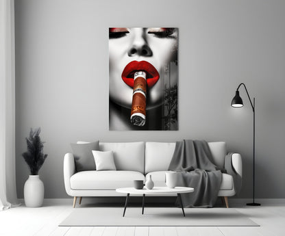 Money Wrapped Cigar Red Lips Glass Wall Art