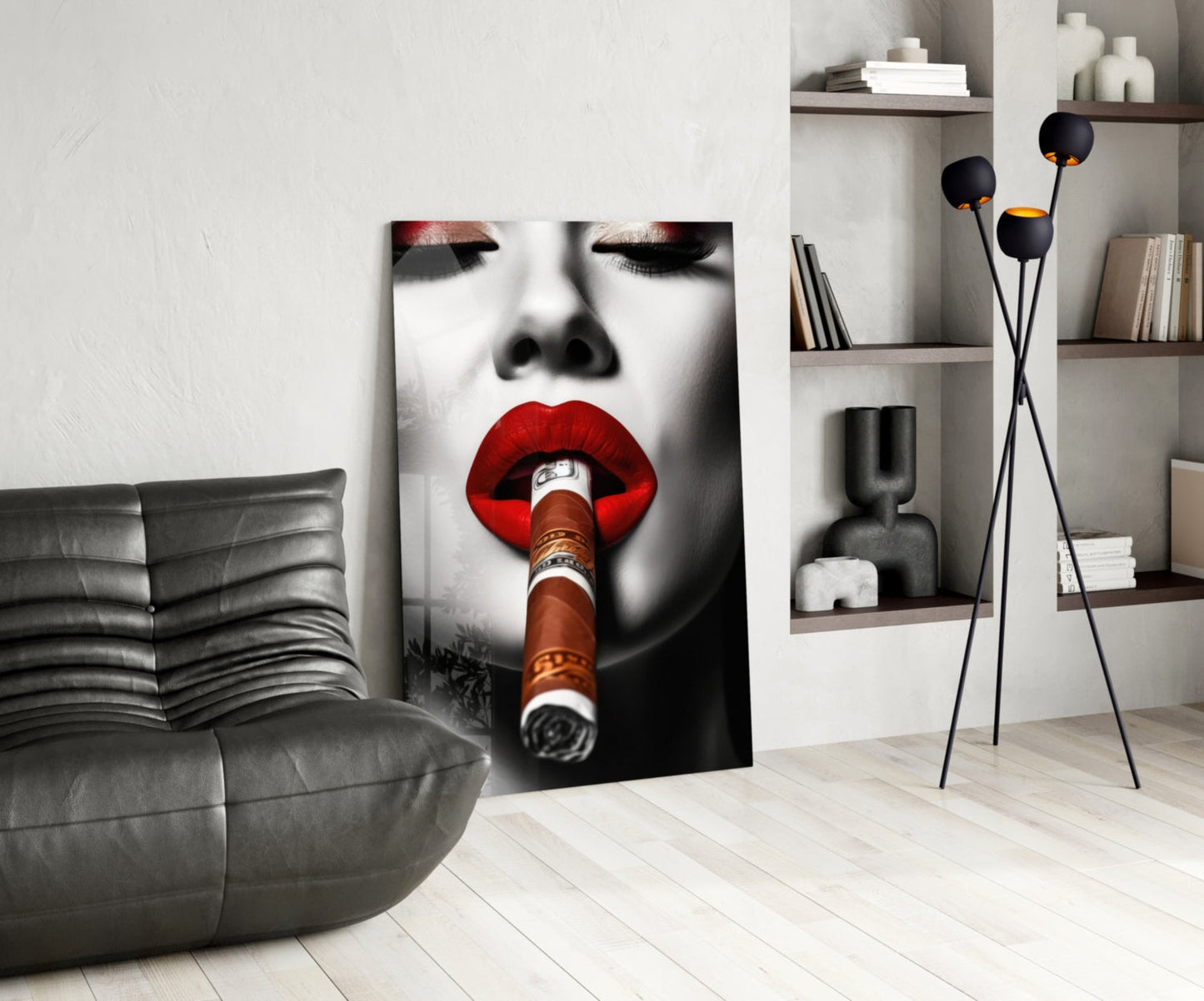 Money Wrapped Cigar Red Lips Glass Wall Art
