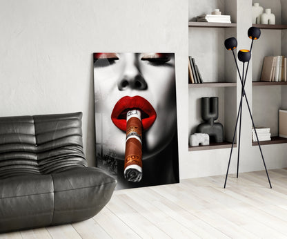 Money Wrapped Cigar Red Lips Glass Wall Art