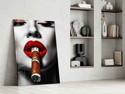 Money Wrapped Cigar Red Lips Glass Wall Art