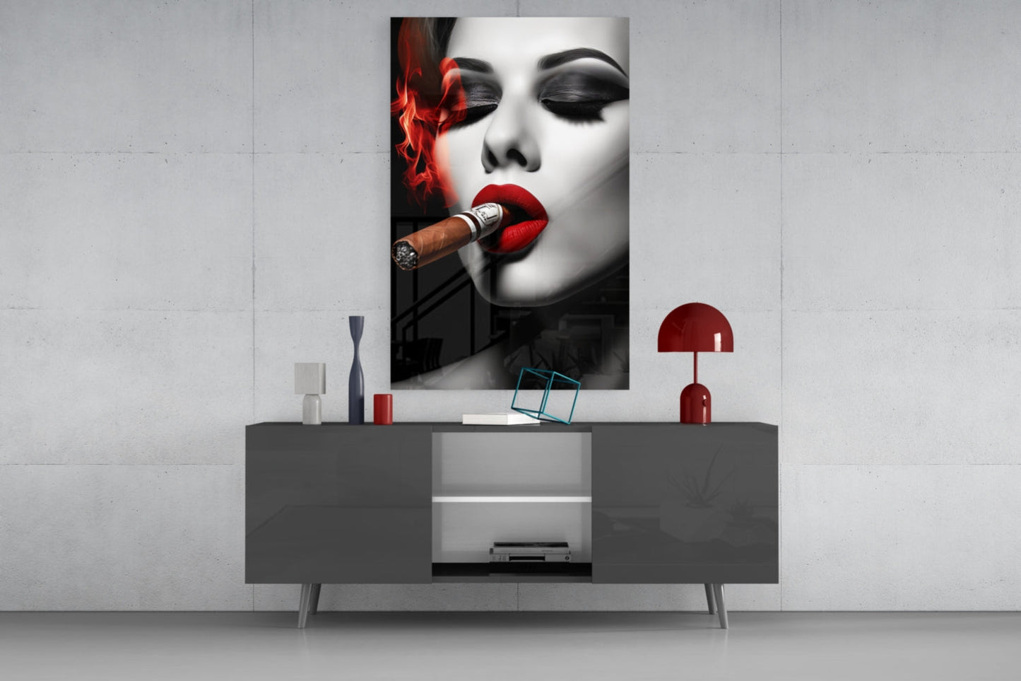 Red Smoke Closed Eyes Cigar Woman Glass Wall Art