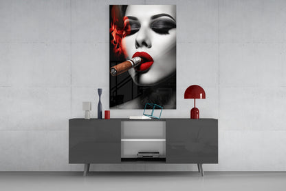 Red Smoke Closed Eyes Cigar Woman Glass Wall Art