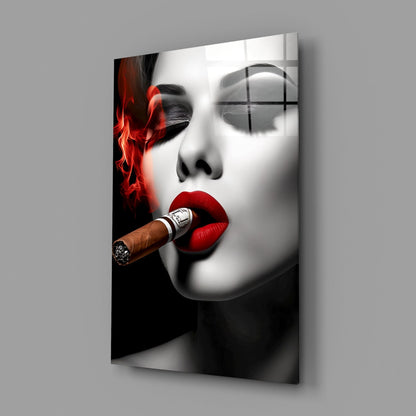 Red Smoke Closed Eyes Cigar Woman Glass Wall Art