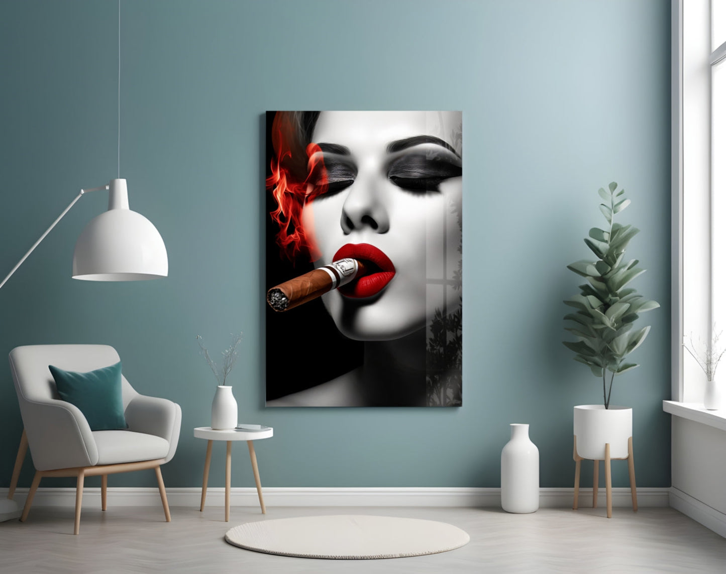 Red Smoke Closed Eyes Cigar Woman Glass Wall Art