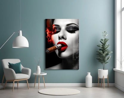 Red Smoke Closed Eyes Cigar Woman Glass Wall Art