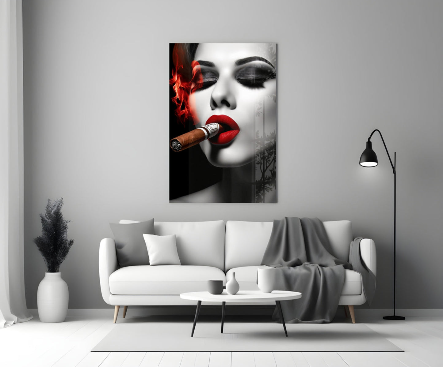 Red Smoke Closed Eyes Cigar Woman Glass Wall Art