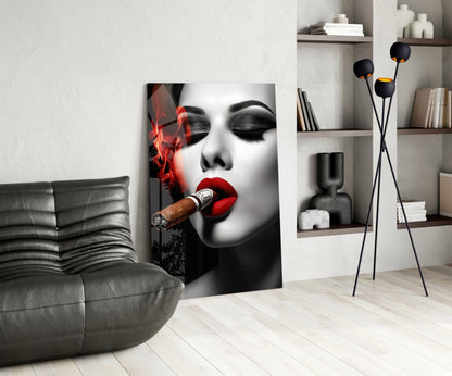 Red Smoke Closed Eyes Cigar Woman Glass Wall Art