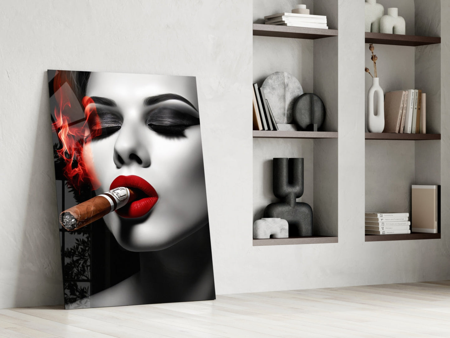 Red Smoke Closed Eyes Cigar Woman Glass Wall Art