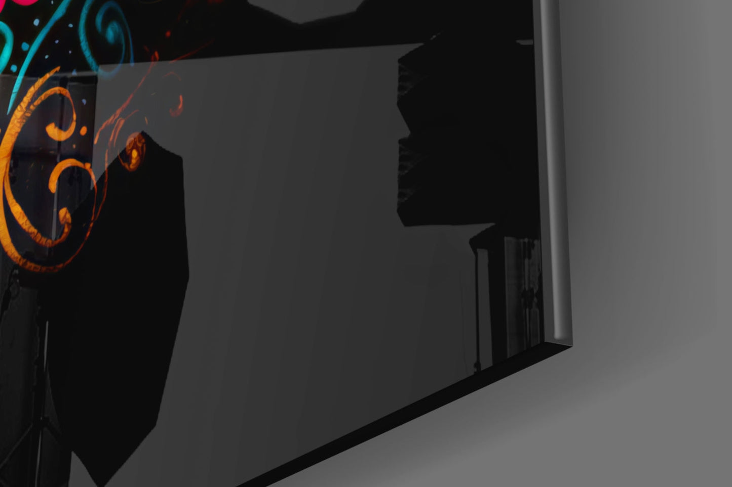 Flowery Skull Glass Wall Art displayed on gallery wall showing orange and teal neon design against dark background.