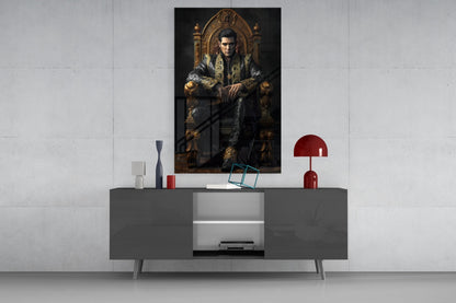 Black Gold Robe King on Throne Glass Wall Art