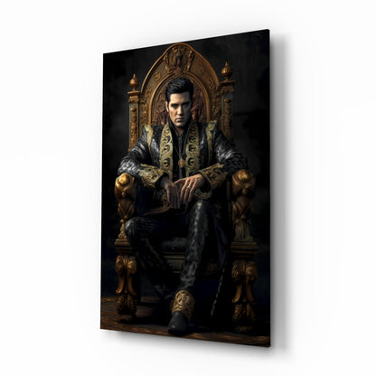 Black Gold Robe King on Throne Glass Wall Art